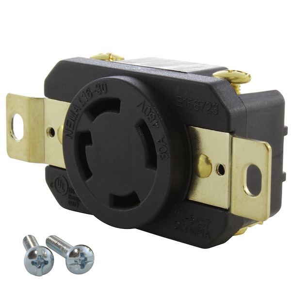 Locking Receptacle, L16-30R, 30 A, 480V AC, Three Phase, 3 Pole, Flush Mount, Black